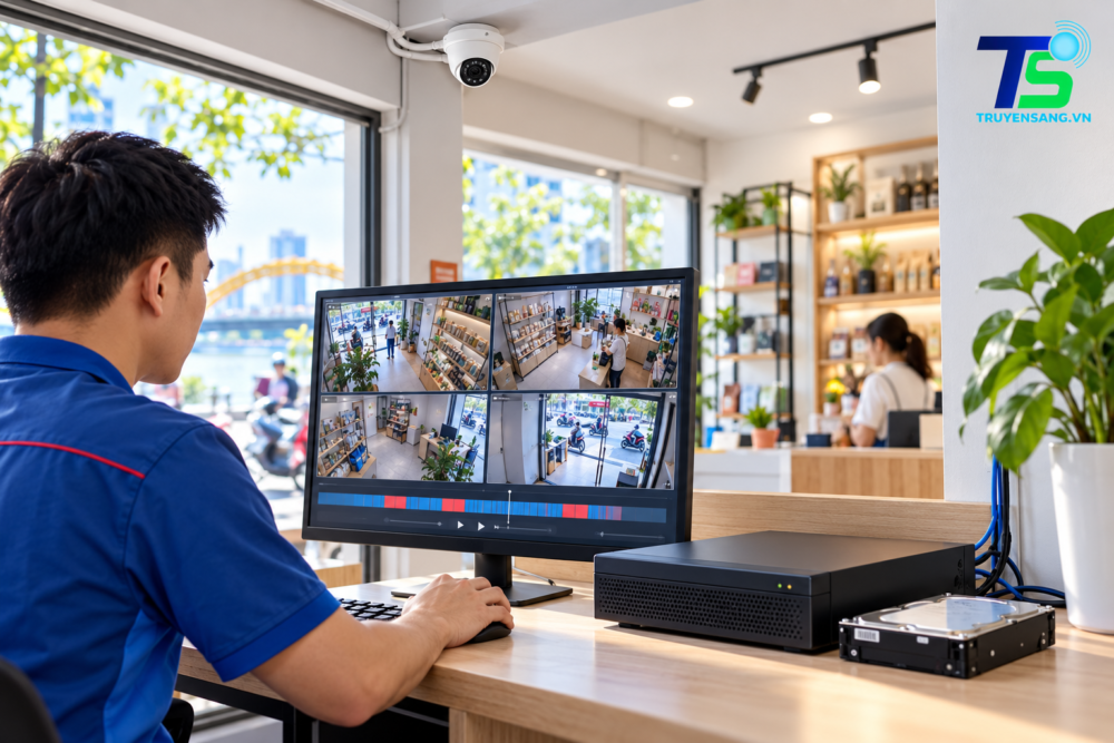 Kỹ thuật viên kiểm tra camera và đầu ghi để tính thời gian lưu hình tại Đà Nẵng – Truyền Sáng