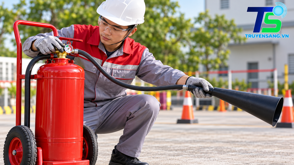 Bình chữa cháy bột bị vón cục có dùng được không? Đừng tự mở bình 3 Kiểm tra bình chữa cháy bột trước khi sử dụng