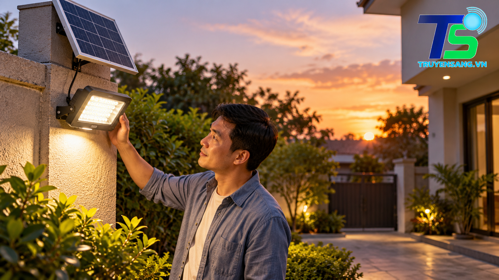 Đèn năng lượng mặt trời không sáng hết đêm: chọn theo nhu cầu thế nào? 1 Đèn Solar Light và tấm quang điện, minh họa cách kiểm tra khả năng sạc và thời gian sáng