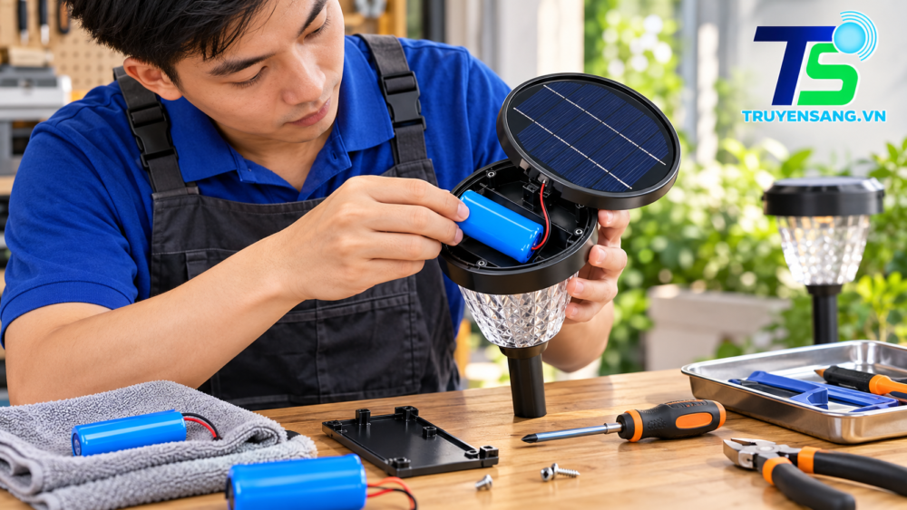 Thay pin đèn năng lượng mặt trời: kỹ thuật viên kiểm tra bộ pin – Truyền Sáng