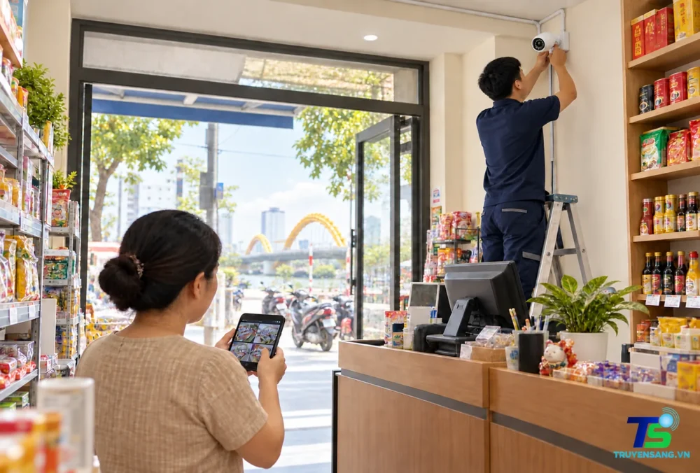 Kỹ thuật viên lắp camera trong cửa hàng, chủ cửa hàng xem hình trên điện thoại