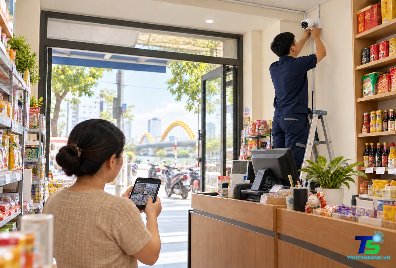 Lắp Camera Cho Cửa Hàng Ở Đà Nẵng: Bố Trí Sao Cho Rõ Khách, Rõ Quầy Thu Ngân? 1 Kỹ thuật viên lắp camera trong cửa hàng, chủ cửa hàng xem hình trên điện thoại