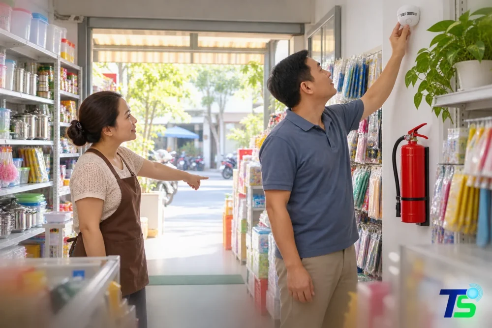 Chủ cửa hàng kiểm tra đầu báo khói và bình chữa cháy trong cửa hàng nhỏ