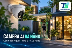 Minh họa camera AI Đà Nẵng phát hiện người tại lối vào nhà và cửa hàng, logo Truyền Sáng góc phải