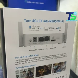 Mặt sau hộp Cudy LT300 thực tế với cổng nguồn DC, LAN/WAN, LAN và khe Nano SIM