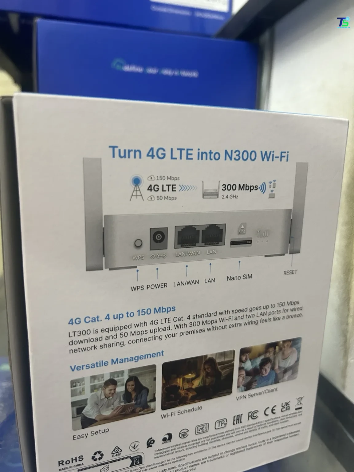 Bộ phát WiFi 4G Cudy LT300 tại Đà Nẵng 2 Mặt sau hộp Cudy LT300 thực tế với cổng nguồn DC, LAN/WAN, LAN và khe Nano SIM