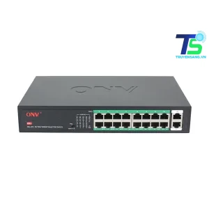 Mặt trước switch ONV-H1016PLS với 16 cổng PoE và 2 cổng uplink Gigabit