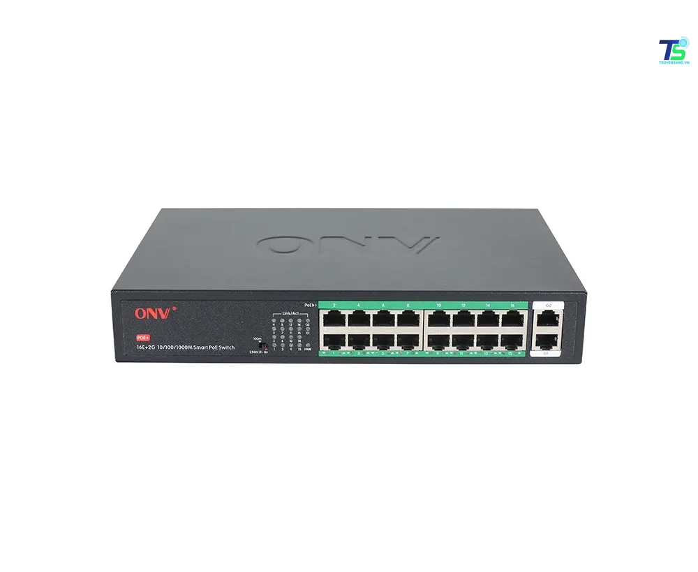 Switch PoE ONV-H1016PLS 16 cổng tại Đà Nẵng 1 Mặt trước switch ONV-H1016PLS với 16 cổng PoE và 2 cổng uplink Gigabit