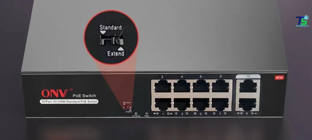 Mặt cổng switch ONV-H1108PLS với 8 cổng PoE và 2 cổng uplink 100 Mbps