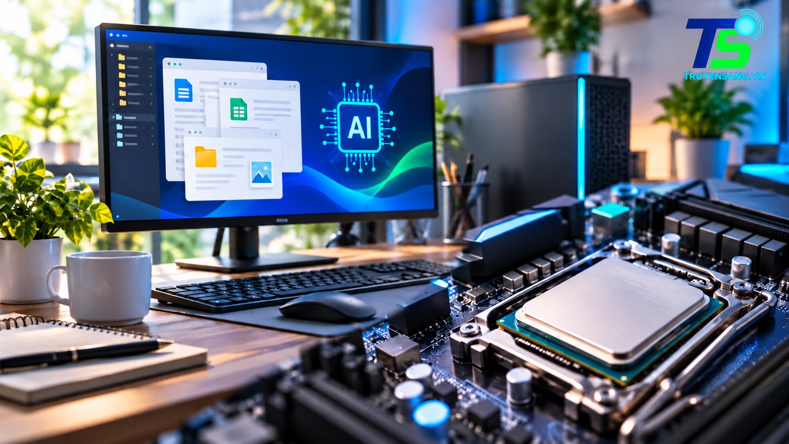 Máy tính AI Đà Nẵng: Ryzen AI 400 mới có hợp văn phòng? 1 Minh họa máy tính AI Đà Nẵng với bộ xử lý và không gian làm việc văn phòng