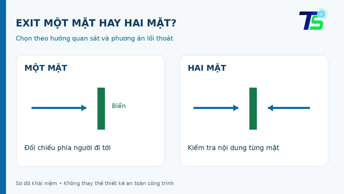 Đèn EXIT một mặt hay hai mặt: chọn theo hướng quan sát 1 Sơ đồ khái niệm hướng quan sát biển EXIT một mặt và hai mặt, không phải phương án thoát nạn.